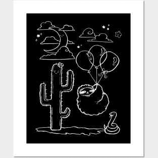 White Line Balloon Sloth Desert Night Posters and Art